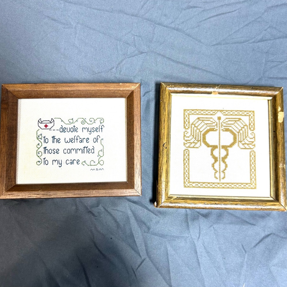 VTG Medical Nursing Handmade Cross-stitch Wall Decor Caduceus Set of 2